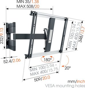 Vægmonteret TV-beslag THIN 445 sort fra Vogel's. Minimums- og maksimumdimensioner i mm og tommer. Teknisk diagram med mål og rotationsvinkler