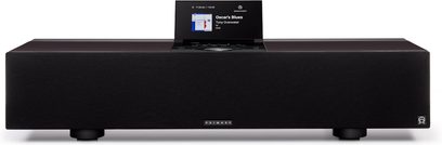 Primare Allt-i-Ett allt-i-ett Hi-Fi-system svart, hölje i metalllook och tygfront, färgskärm upptill, vy framifrån