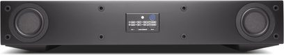 Cambridge Audio TV2 (V2) sort soundbar, set forfra, med 2 sidelyttere, knapper og central LED-skærm