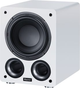 Hvid Alpha RS 8 subwoofer med rektangulært kabinet, sort cirkulær højttaler og 2 runde bass-reflex-porte på fronten