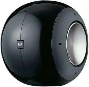 Subwoofer Bowers & Wilkins PV1 černý, pohled zepředu, kulovitý tvar, černá mřížka, stříbrné logo "B&W"