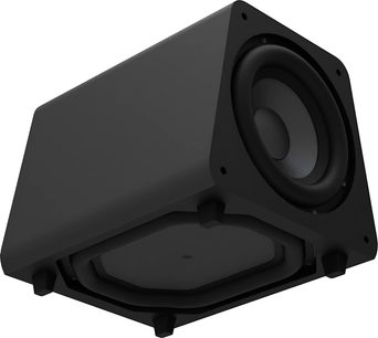 Subwoofer GoldenEar ForceField 3 preto, vista frontal em perspectiva, formato trapezoidal, alto-falante circular central