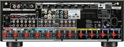 Denon AVR-X4500H sort hjemmebiografsforstærker, frontvisning, mange stik og knapper på forsiden, central display