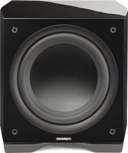 Cassa acustica Paradigm Defiance S10 nero lucido, vista frontale, grande altoparlante centrale, sospensione in gomma