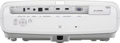 Proyector Epson EH-LS11000W blanco, vista frontal, conexiones en la parte trasera, botones e indicadores luminosos en la parte superior