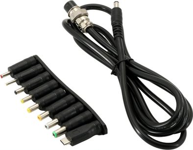 Sort kabel med flere stik, set ovenfra, farvede stik på række, oprullet kabel, metalstik