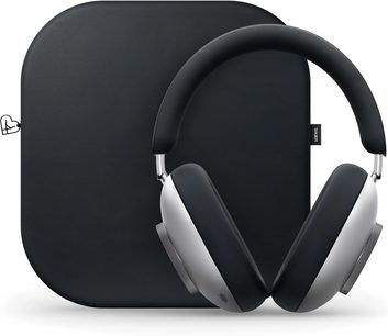 Loewe Leo hi-fi-hörlurar i svart och silver sedda framifrån med matchande svart fodral