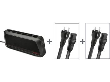 Multiprise Audioquest PowerQuest 2 noire, 6 prises, avec 2 câbles d'alimentation NRG-Y3 noirs de 1 mètre à connecteurs IEC