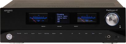 Hi-fi stereo zesilovač Advance Paris PlayStream A7 černý, přední panel s tlačítky, displejem, USB a DAB vstupy, pohled shora