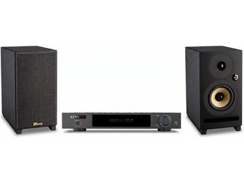 Hi-fi system with black IOTAVX amplifier and two black Davis bookshelf speakers with yellow drivers