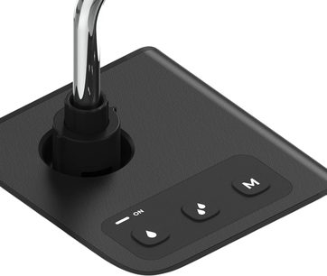 Distributore d'acqua HumminGuru nero con beccuccio metallico curvo e comandi touch con icone a goccia
