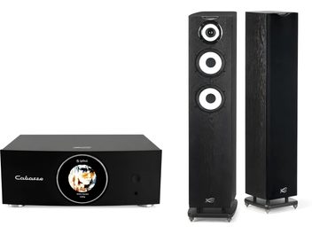 Black Cabasse hi-fi system with round front display and two floorstanding speakers with white drivers