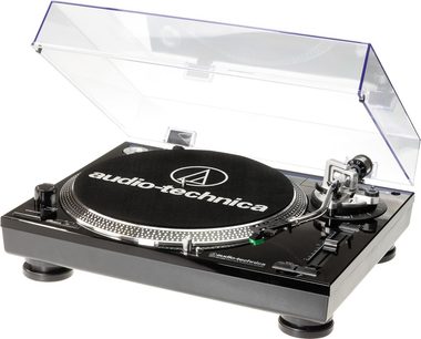Audio Technica AT-LP120-USB HC sort pladespiller, set ovenfra i vinkel, med åbent låg og tonarm med pickup