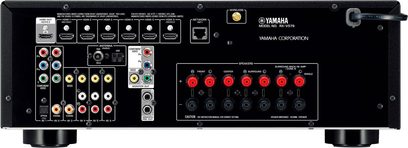 Yamaha RX-V579 titano namų kino stiprintuvas, priekinis vaizdas, garso / vaizdo jungtys, mygtukai ir reguliavimo rankenėlės