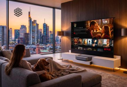 Οθόνη προβολής με περιβάλλον χρήσης Netflix και βιντεοπροβολέας πάνω σε λευκό έπιπλο, σε σαλόνι με θέα στην πόλη