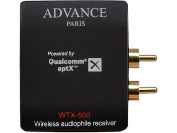 Bezprzewodowy transmiter Advance Paris WTX-500 czarny, przedni panel z pozłacanymi złączami RCA oraz białymi i czerwonymi napisami
