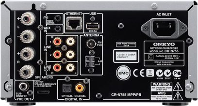Onkyo CR-N755 MPP/PB, frontpanel, frontvisning, audio- og netværksforbindelser og -kontroller, digitalt display, højttalere