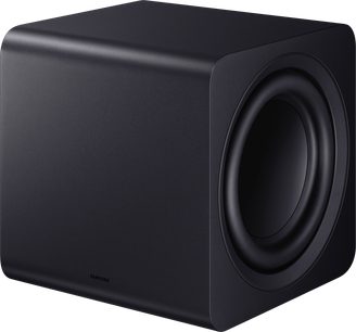 Mattschwarzer Samsung-Subwoofer, rechteckiges Gehäuse mit abgerundeten Kanten, eingelassener runder Lautsprecher auf der rechten Seite, Ansicht vorne rechts im Dreiviertelprofil