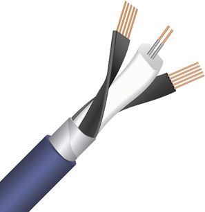 Digitalt koaksialkabel Ultraviolet 10 på 2m med blå kappe, blotlagte kobberledere, sorte og hvide isolatorer, set i tværsnit