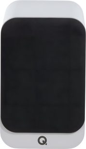 Q Acoustics 3030c bookshelf speaker front view, satin white rigid cabinet with rounded corners, black acoustic fabric front grille with centered Q logo at the bottom