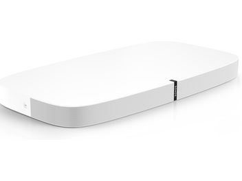 Sonos PLAYBASE valge heliriba, ristkülikukujuline, õhuke, perforeeritud metallist võre, hall logo, eestvaade