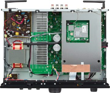 Denon PMA-900HNE svart hi-fi stereoanlegg, åpen frontvisning, elektroniske komponenter og kretskort synlige på innsiden