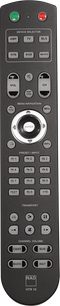 NAD HTR 10 black remote control with round green and red buttons, silver wheel, front view