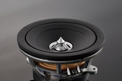 Technics SB-G90M2 black lacquered speaker, close-up front view of the brushed aluminum tweeter and central dome