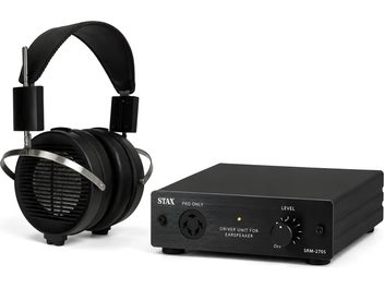Cuffia elettrostatica Stax nera con archetto ampio e amplificatore SRM-270S nero vista frontale a tre quarti