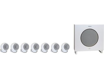 Pack 5.1.2 Eole 4 blanco Cabasse compuesto por 7 altavoces esféricos blancos y un subwoofer cúbico negro con rejilla circular, sobre fondo blanco
