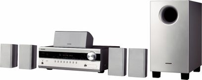 Silver Onkyo HT-S5305 home theater system including an AV receiver, five compact speakers, and a subwoofer