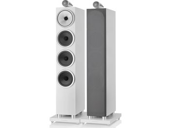 Două boxe coloane Bowers & Wilkins 702 S3 în culoarea alb satinat, vedere frontală, fiecare având câte patru difuzoare