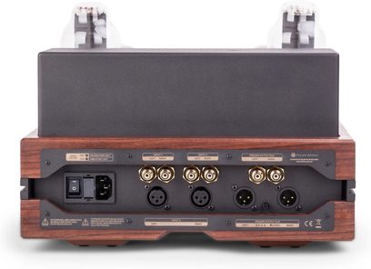 Sluchátkový předzesilovač vysoké věrnosti Feliks Audio Envy Standard ořech, zadní pohled s konektory RCA a XLR a viditelnými elektronkami