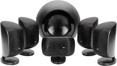Sada reproduktorů Bowers & Wilkins MT-60D černá: 5 černých kulových reproduktorů, 1 černý válcový subwoofer, pohled zepředu