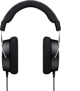 Åben hi-fi hovedtelefon Beyerdynamic Amiron home, set forfra, sort polstret hovedbøjle, sorte cirkulære ørepuder, sort kabel