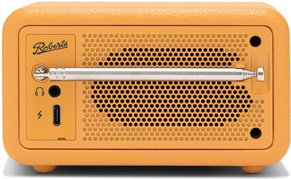 Roberts Revival Petite 2 gul bordradio i kunstlæder, bagside, oval perforeret højttalergrill, indfoldet sølvfarvet teleskopantenne, hovedtelefon- og USB-C-stik