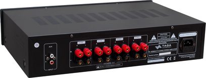 Taga Harmony TA-600MULTI -stereovahvistin, takanäkymä, RCA-liittimet, kaiutinliitännät 4 vyöhykkeelle, virtaliitäntä