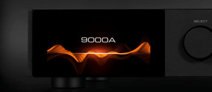 Black screen displaying "9000A" in white with orange waves, black circular button marked "SELECT" on the right