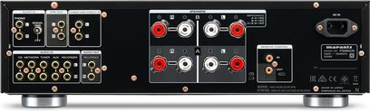 Amplificador hi-fi estéreo Marantz PM8006 preto, face traseira, conectividade de áudio analógica e digital, controles e interruptor