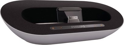 Philips DS3500 sort oval dokningsenhed set forfra, med iPhone-dok i midten og knapper på toppen