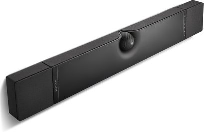 Звукова лента DEVIALET DIONE черна, преден изглед, издължен правоъгълна форма, мат черен материал, черна решетка, ротационен бутон