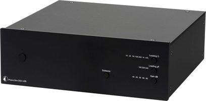 Pro-Ject Phono Box DS2 USB sort forstærker, rektangulært mat sort kabinet, front med stik, knapper og indskrifter