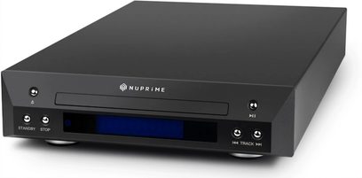 Nuprime CDT-10 sort CD-afspiller, frontvisning, sort front med blå display, knapper og stik på forsiden