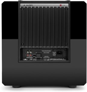 Субуфер JL Audio E-Sub e112 с черен лак, изглед отпред, черна решетка, бутони и връзки на задния панел