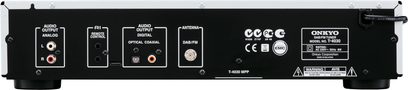 Onkyo T-4030 tuner, sort, forfra. Analoge og digitale lydstik, antenne, fjernbetjening