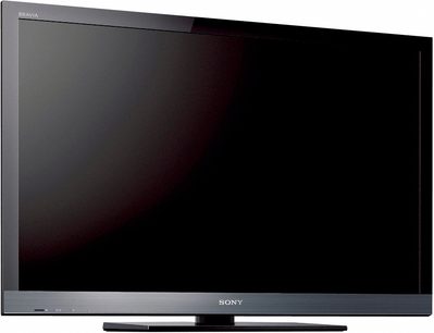 Sort Sony KDL-32EX600 fladskærms-tv set forfra, slukket, med "BRAVIA"-logo øverst til venstre og "SONY" nederst i midten