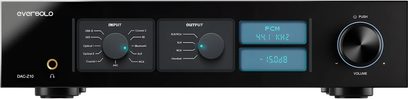 EverSolo DAC Z-10, DAC preto em metal, vista frontal, 2 ecrãs azuis, saída de auscultadores de 6,35 mm, seletores, manípulo de volume