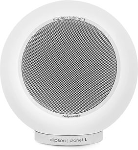 Elipson Planet L Performance 2.0 mat witte luidspreker met bolvormig ontwerp, ronde metalen grill en cilindrische basis