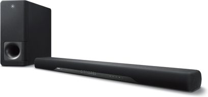 Yamaha YAS-207 schwarze Soundbar mit kabellosem Subwoofer, Vorder- und Seitenansicht