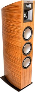 Klipsch P37F naturlig lyse træ gulvhøjttaler med 3 runde sorte højttalere, set forfra i let nedadgående vinkel